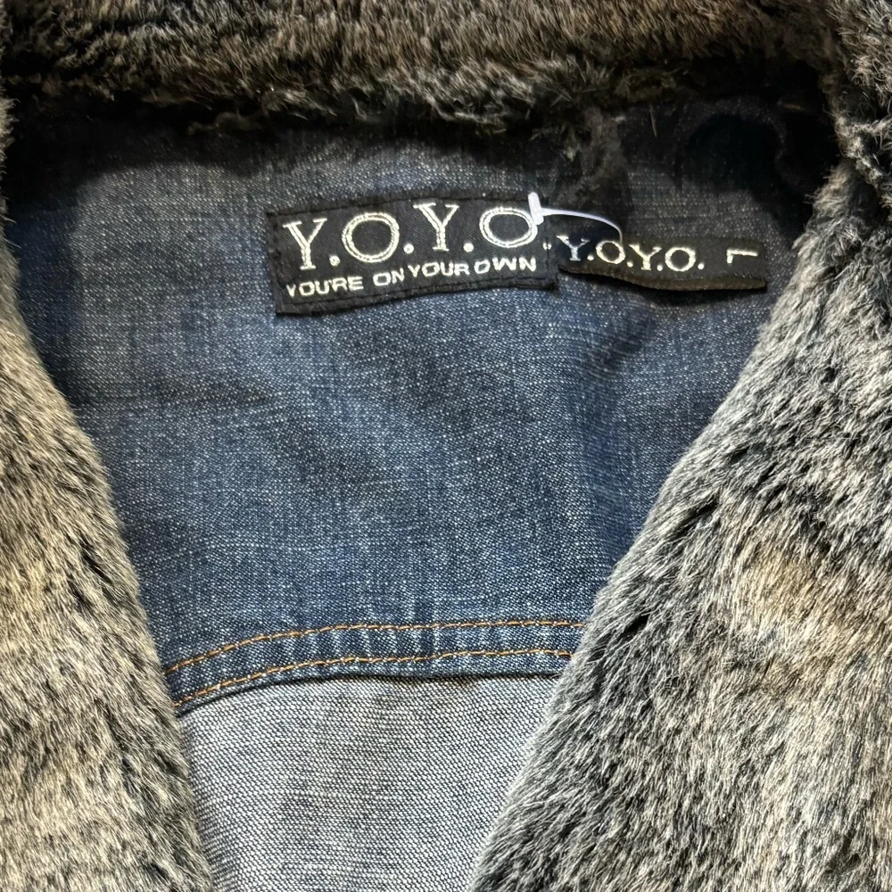 90s Denim Faux fur collard Jean jacketed Y2k vintage - Picture 7 of 8